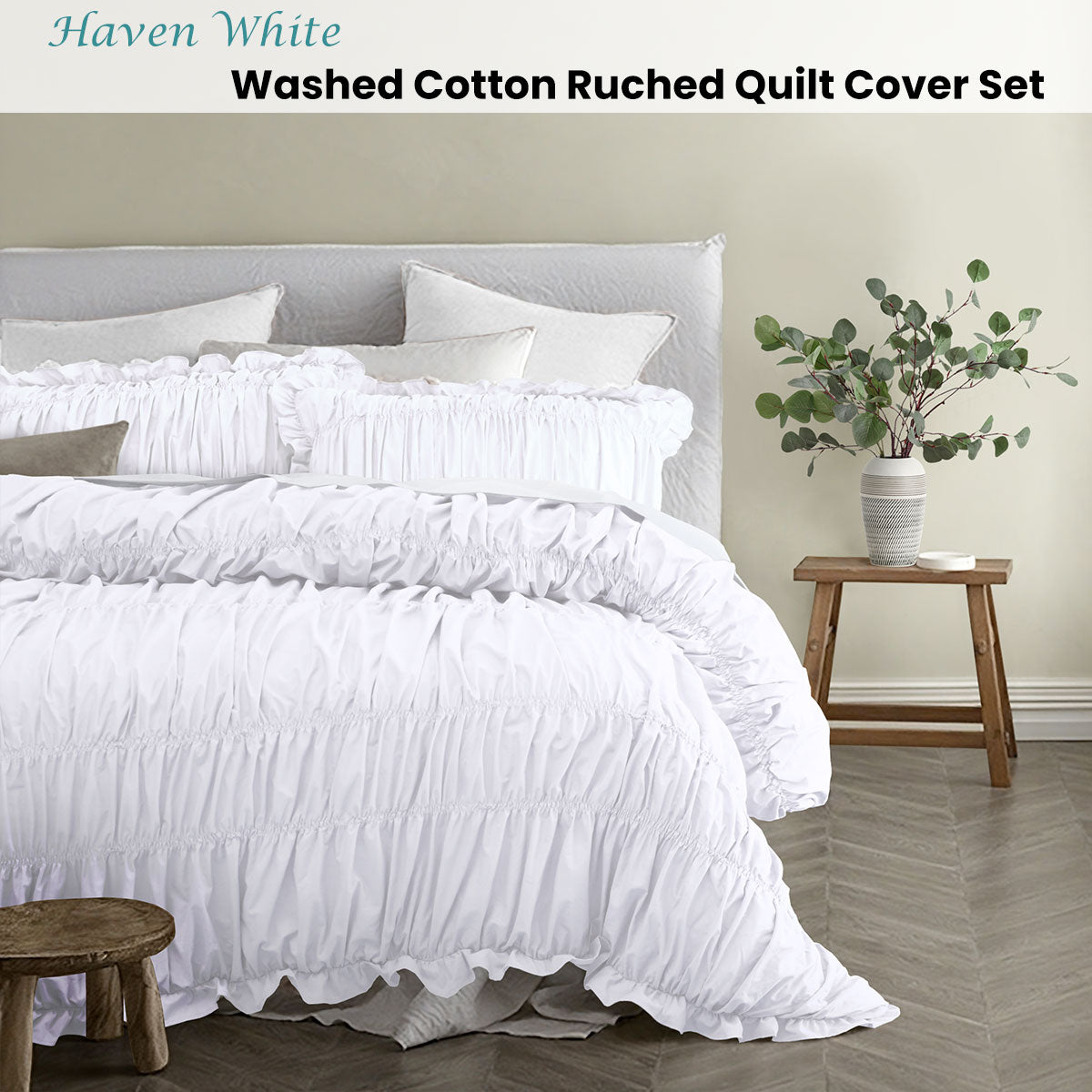 Vintage Design Homewares Haven White Washed Cotton Ruched Quilt Cover Set Single