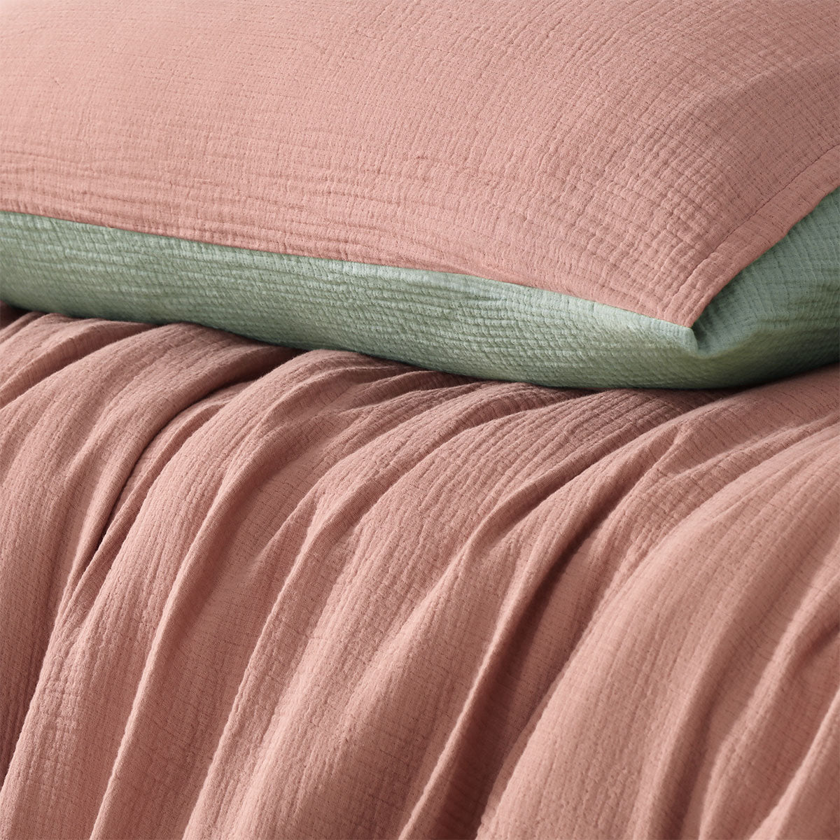 Vintage Design Homewares Hugo Reversible Clay Sage Cotton Gauze Quilt Cover Set King 3