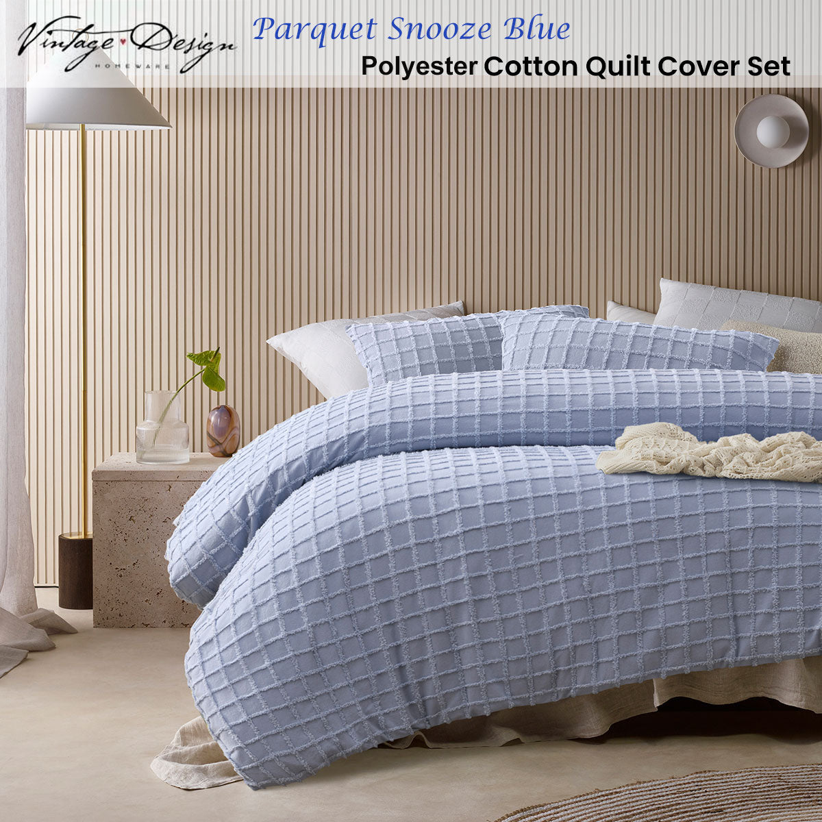 Vintage Design Homewares Parquet Snooze Blue Polyester Cotton Quilt Cover Set King