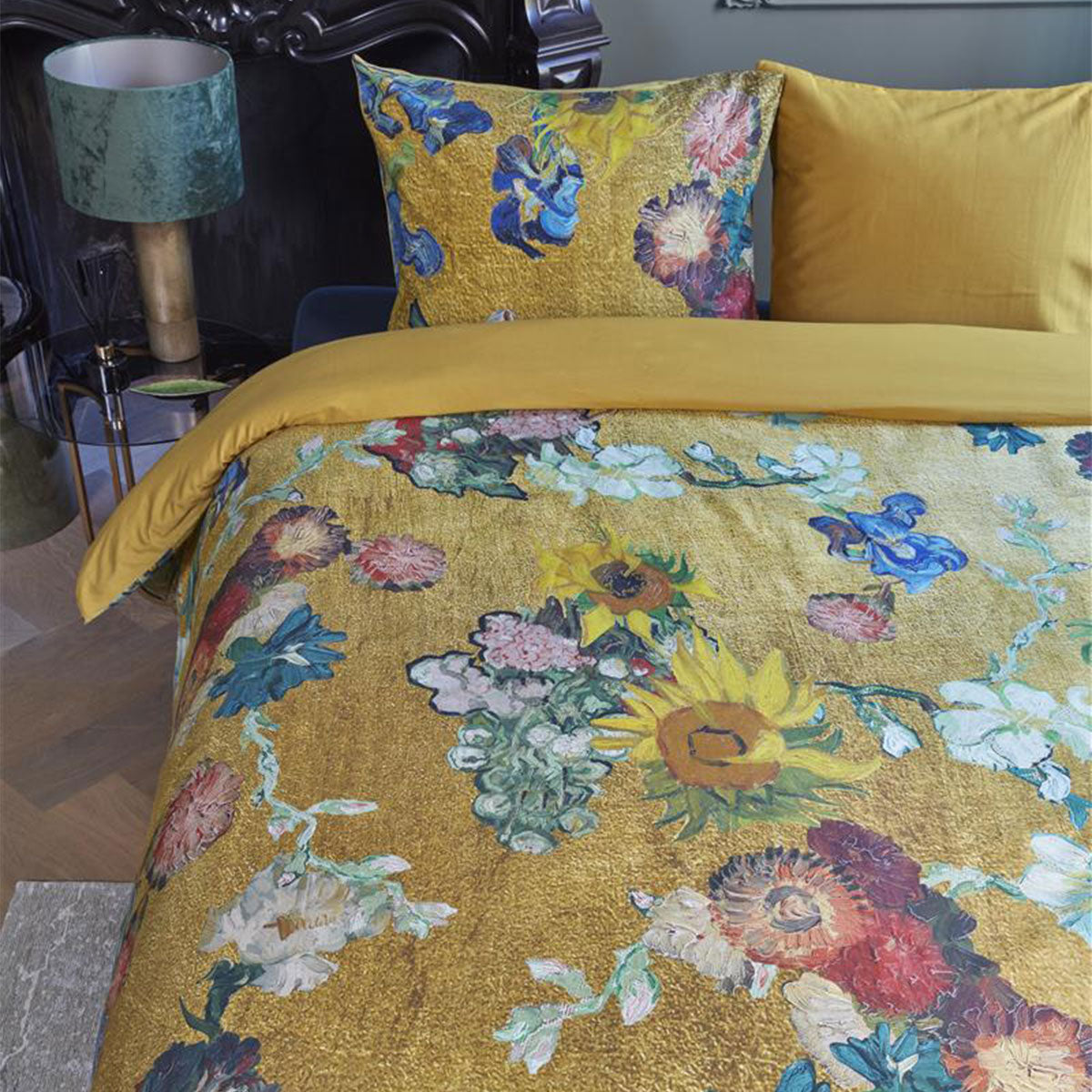 Bedding House Van Gogh Partout des Fleurs Gold Cotton Sateen Quilt Cover Set Queen 4