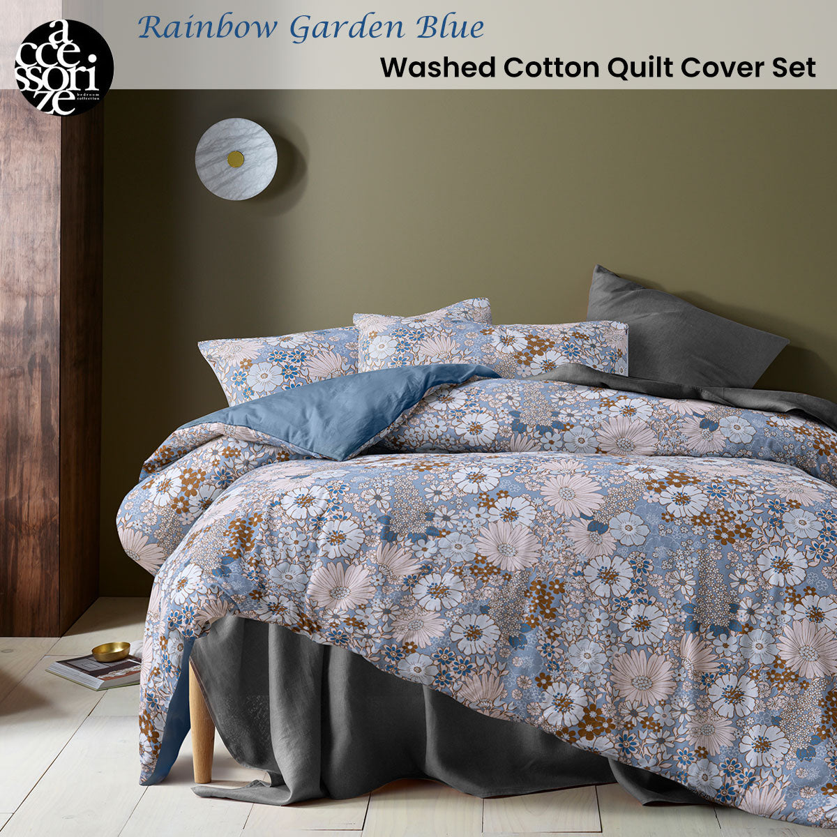 Accessorize Rainbow Garden Blue Washed Cotton Quilt Cover Set King 2