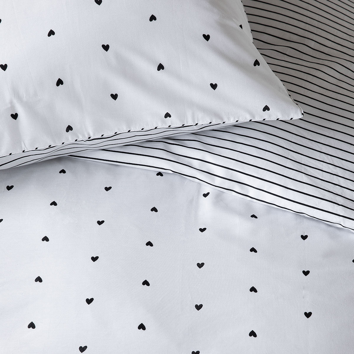 VTWonen Striped Hearts Black & White Cotton Quilt Cover Set Queen 3