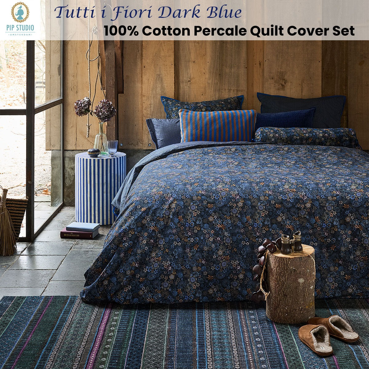 PIP Studio Tutti i Fiori Dark Blue Cotton Quilt Cover Set Queen