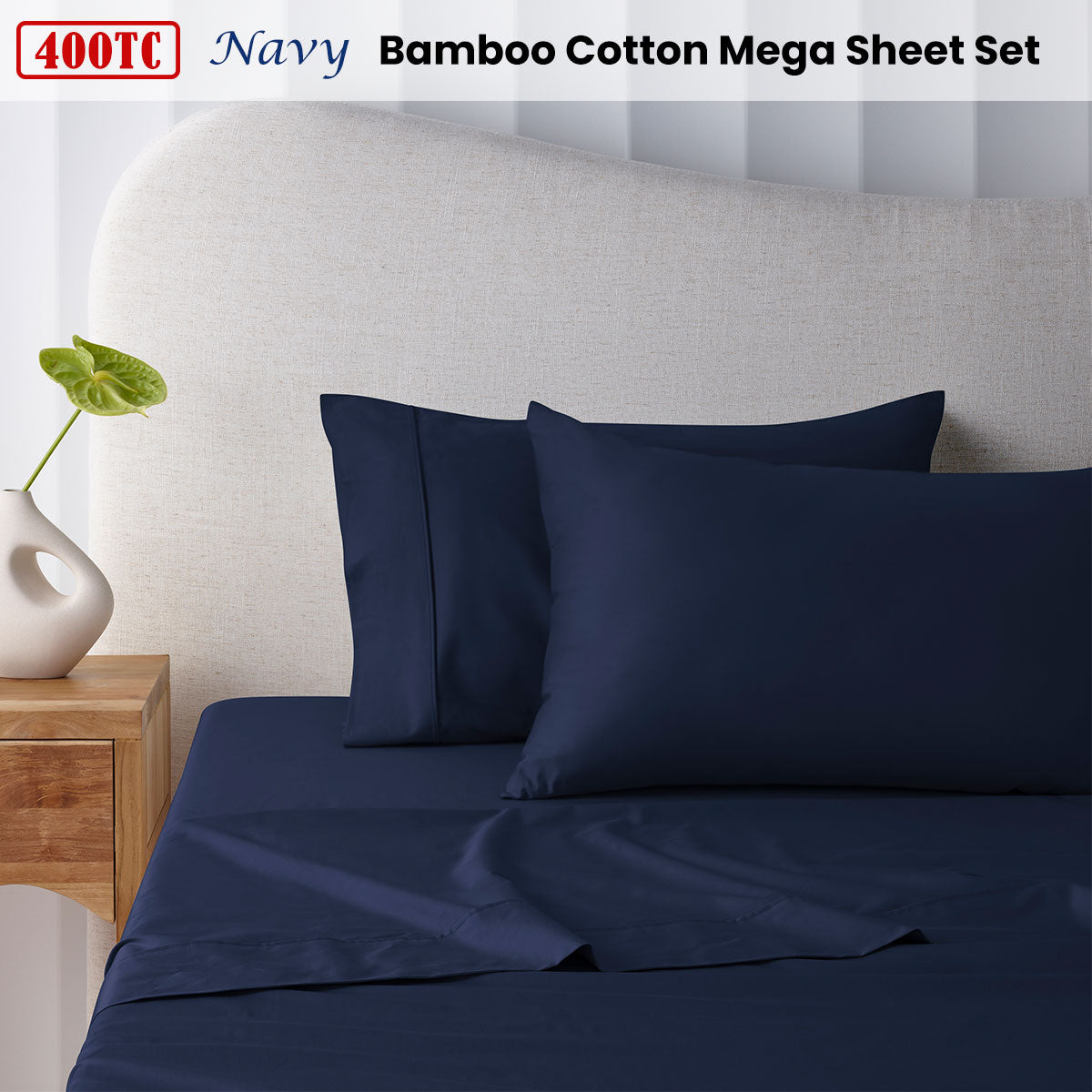 Accessorize 400TC Navy Bamboo Cotton Mega Sheet Set 50cm Wall King