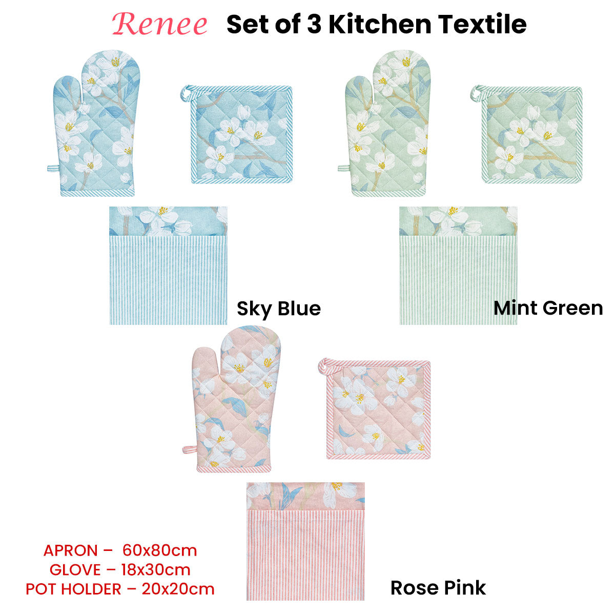 Set of 3 Renee Cotton Cover Kitchen Textile Mint Green 3