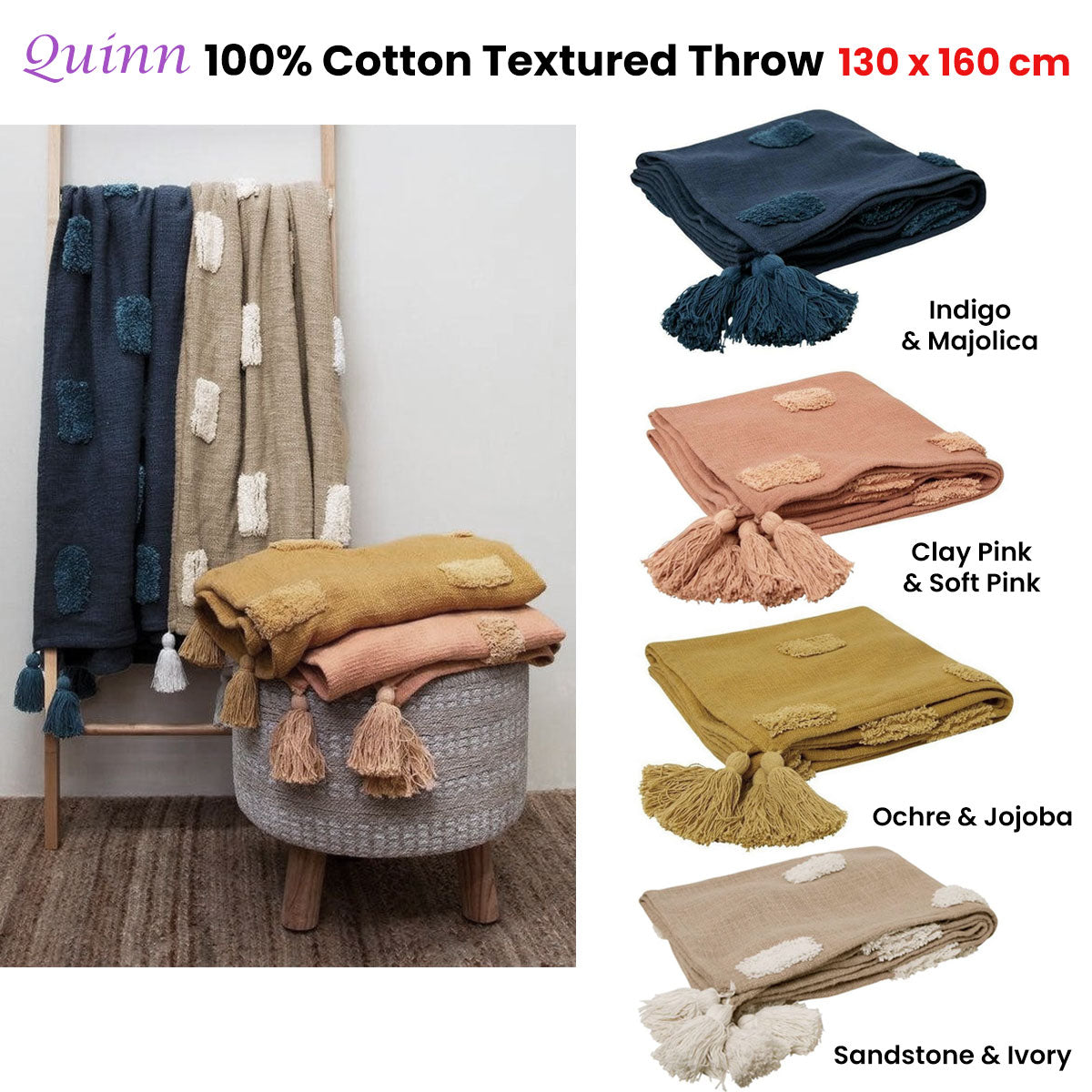J Elliot Home Quinn 100% Cotton Textured Throw 130 x 160 cm Sandstone & Ivory 4
