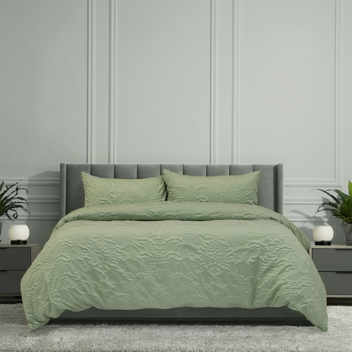 Ardor Adeline Sage Jacquard Damask Quilt Cover Set Queen