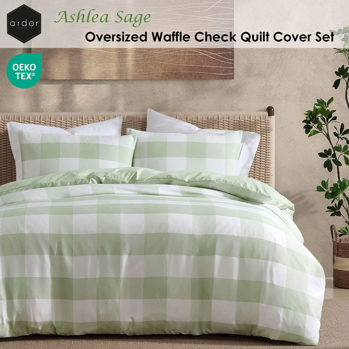 Ardor Ashlea Sage Oversized Waffle Check Quilt Cover Set Queen