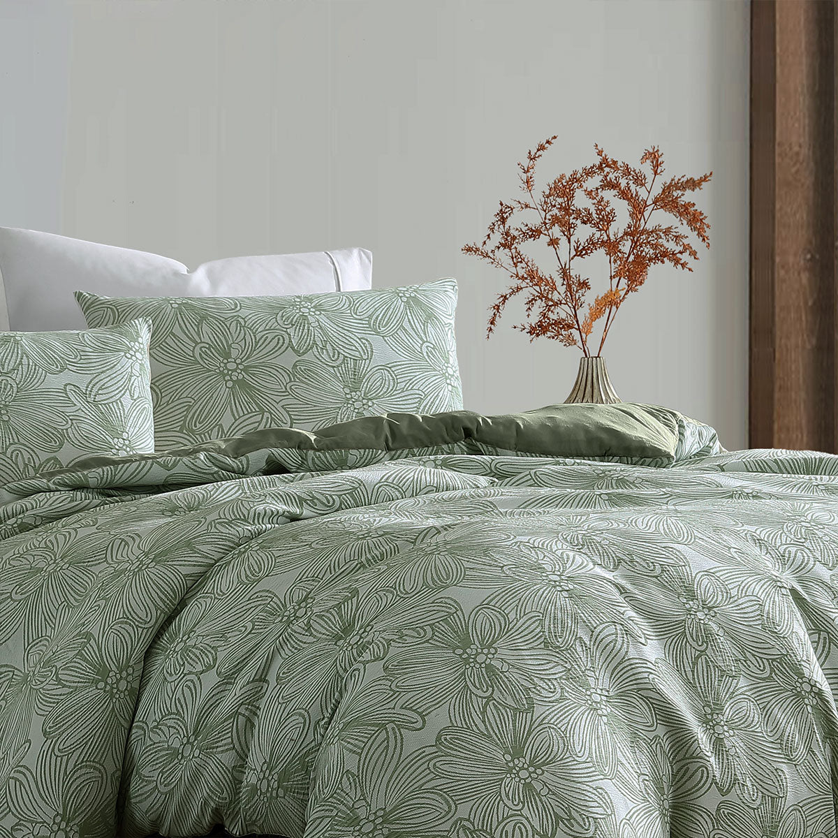 Ardor Avena Green Textured Floral Jacquard Quilt Cover Set King 3