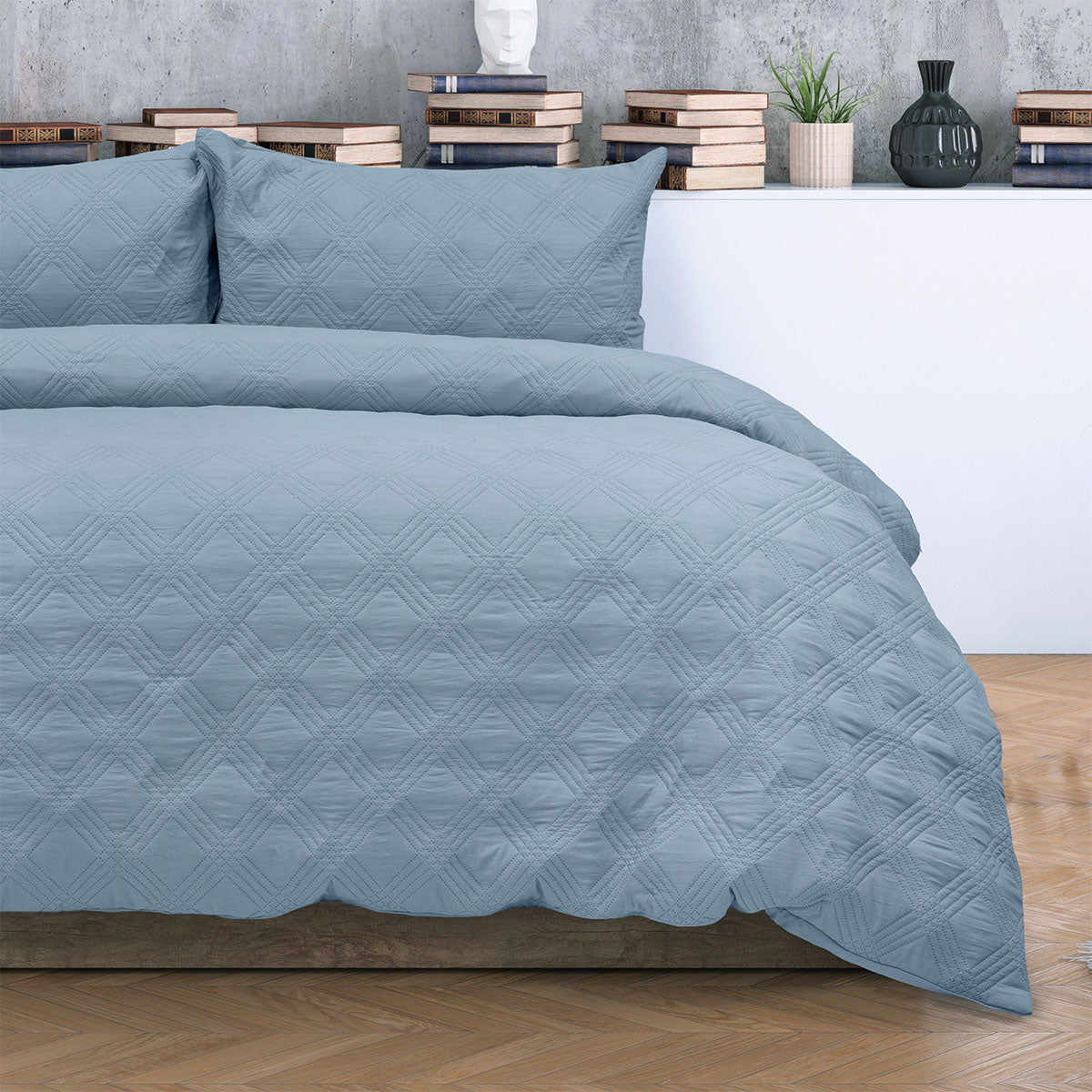 Ardor Carter Mineral Blue Embossed Vintage Washed Geometric Quilt Cover Set King 3