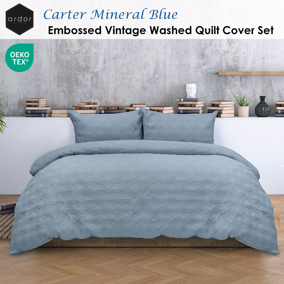 Ardor Carter Mineral Blue Embossed Vintage Washed Geometric Quilt Cover Set Queen