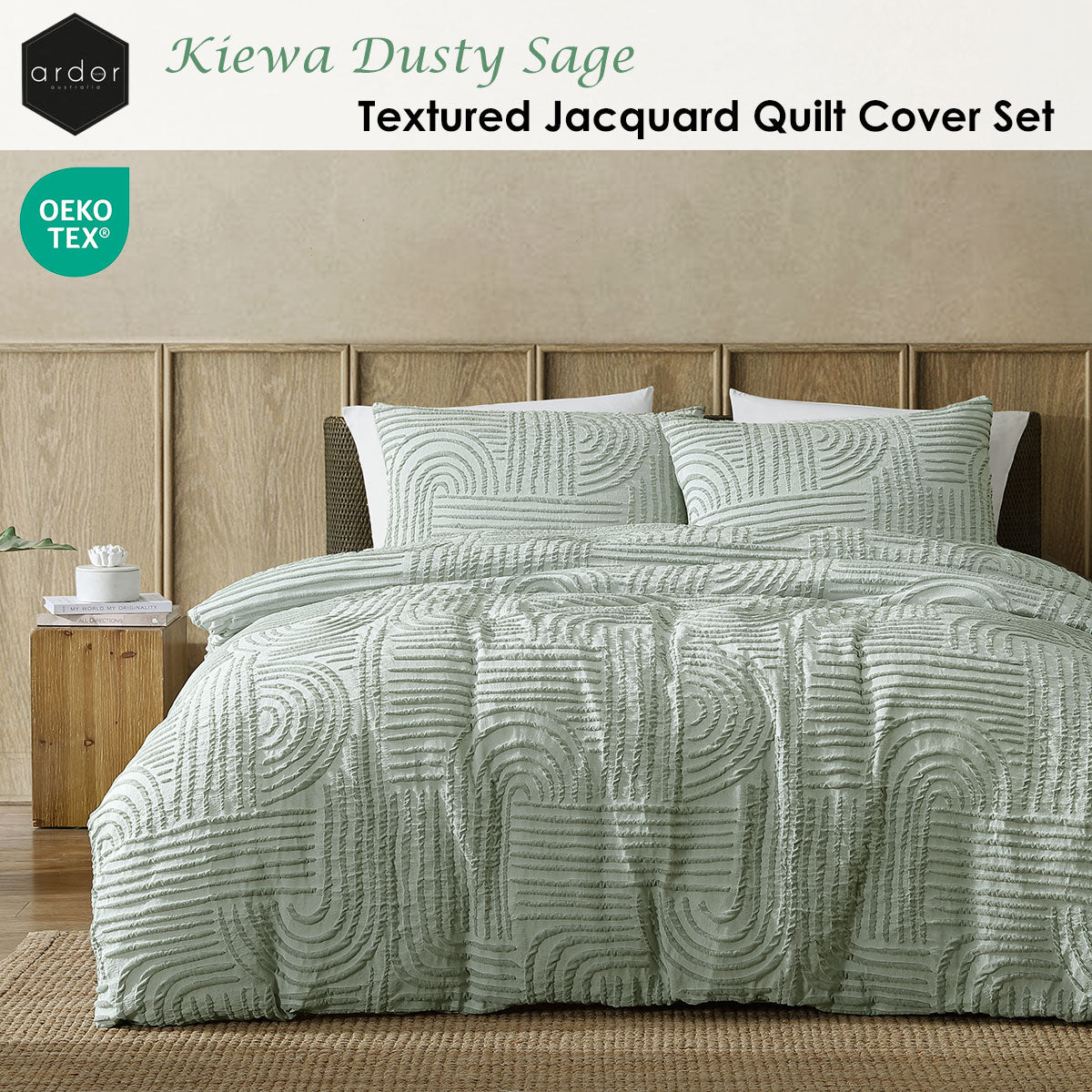 Ardor Kiewa Dusty Sage Textured Jacquard Aztec Quilt Cover Set Queen