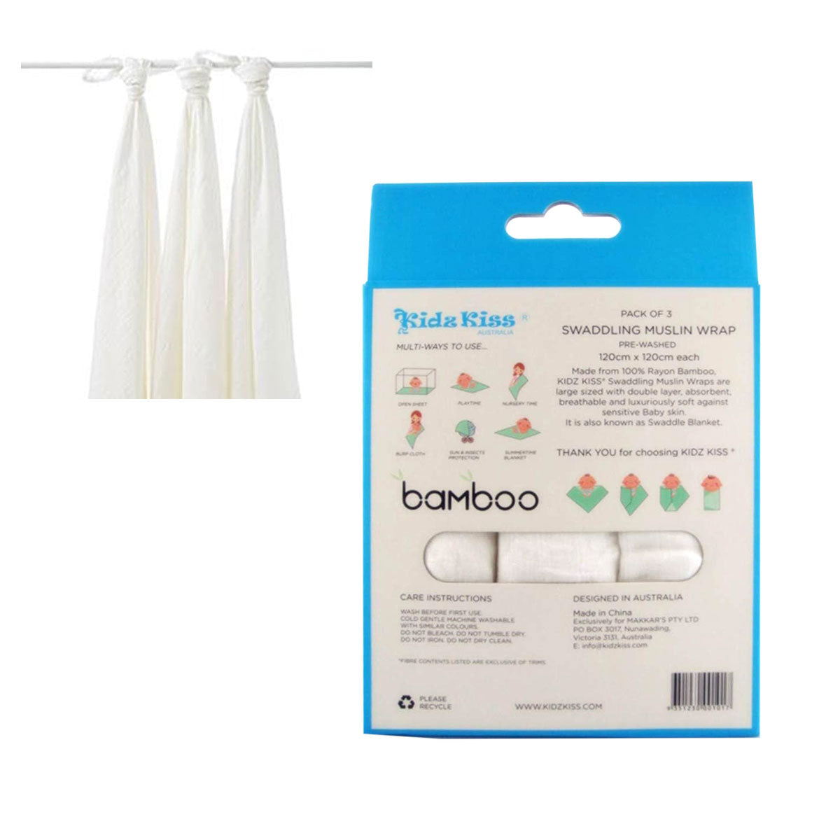 Pack of 3 Swaddling Muslin Wrap 120x120cm each 3