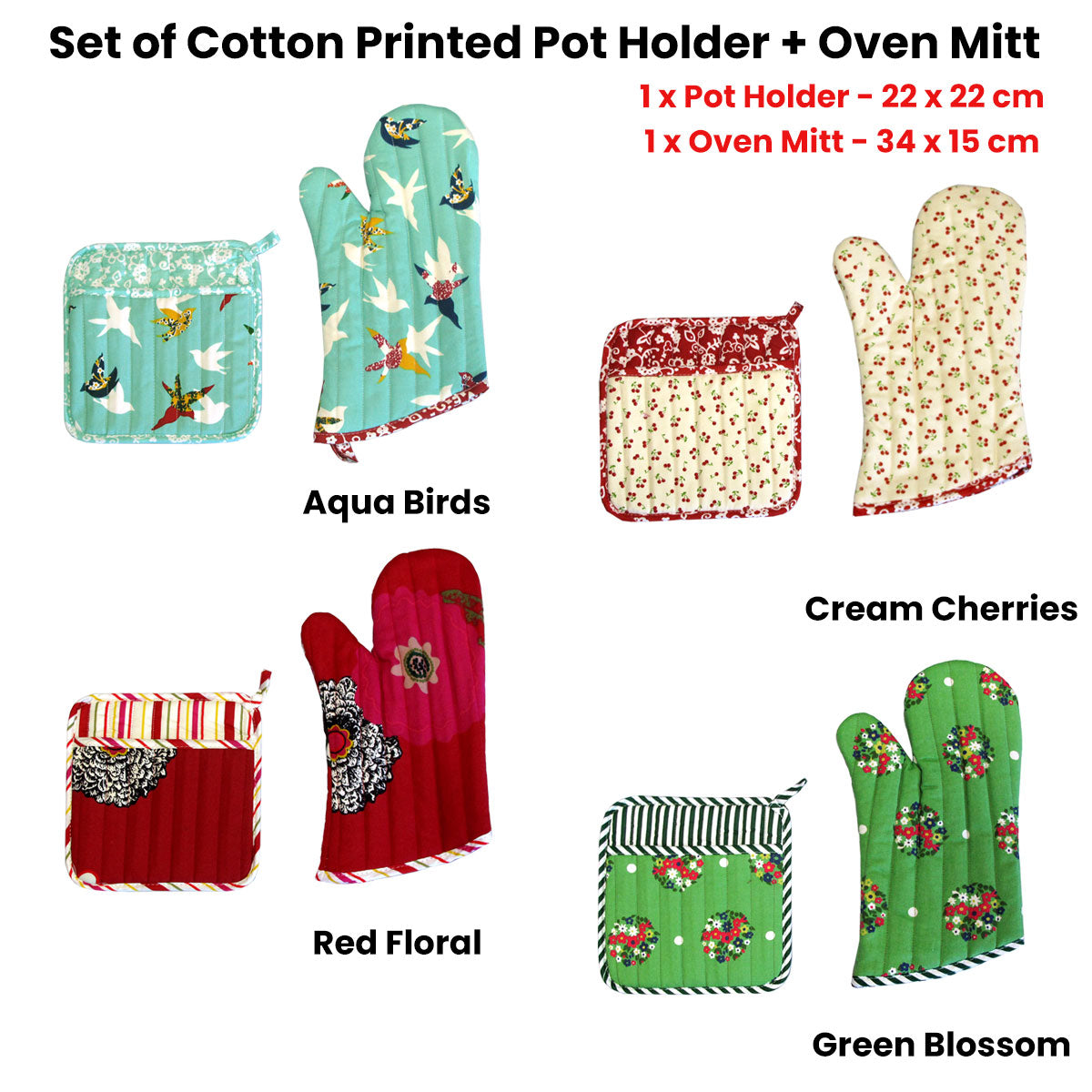 Set of 100% Cotton Printed Oven Mitt + Pot Holder Aqua Birds 3