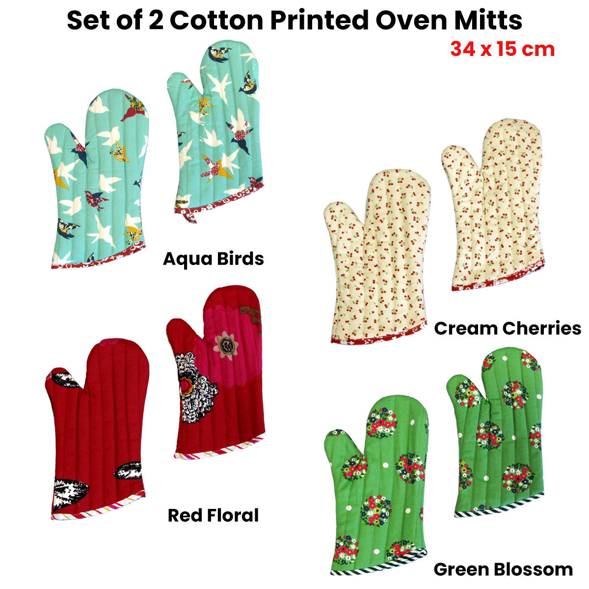 Set of 2 100% Cotton Printed Oven Mitts 34 x 15 cm Cream Cherries 3