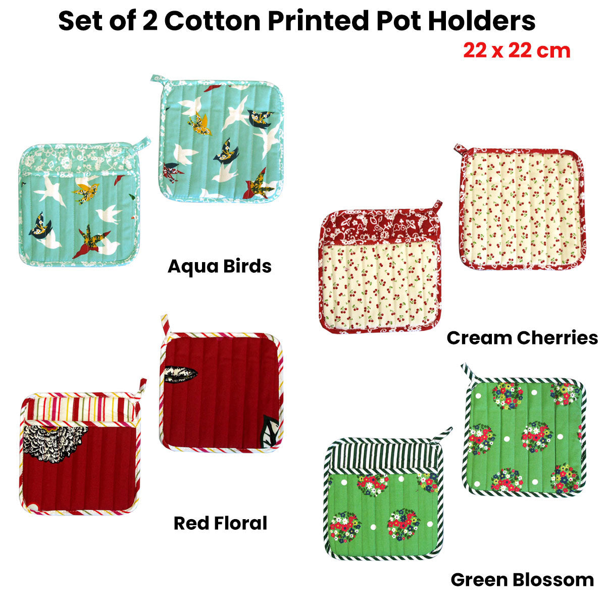 Set of 2 100% Cotton Printed Pot Holders 22 x 22 cm Red Floral 3