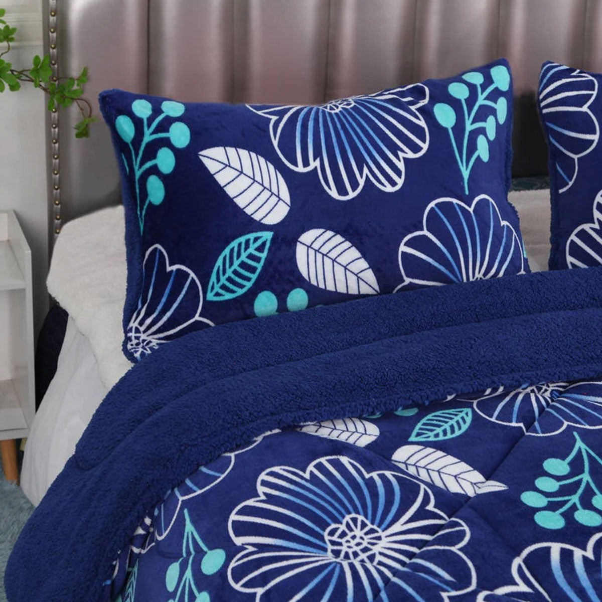 Ramesses Blue Flower Printed Sherpa Flannel Fleece Reversible Blanket Set Single/Double 3