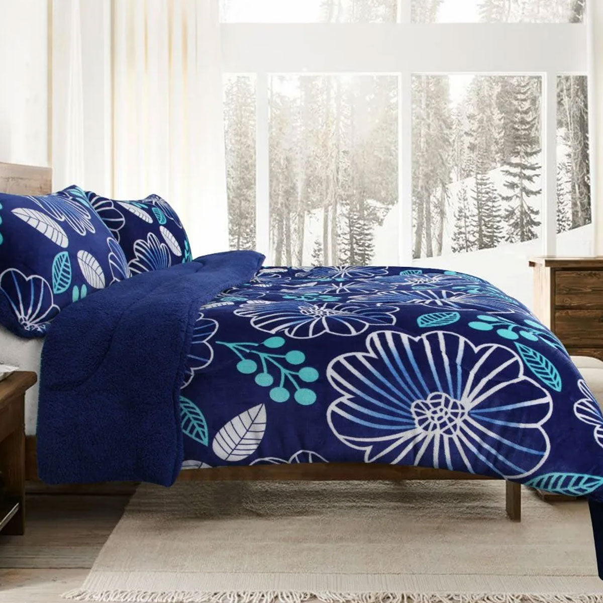 Ramesses Blue Flower Printed Sherpa Flannel Fleece Reversible Blanket Set Single/Double 4