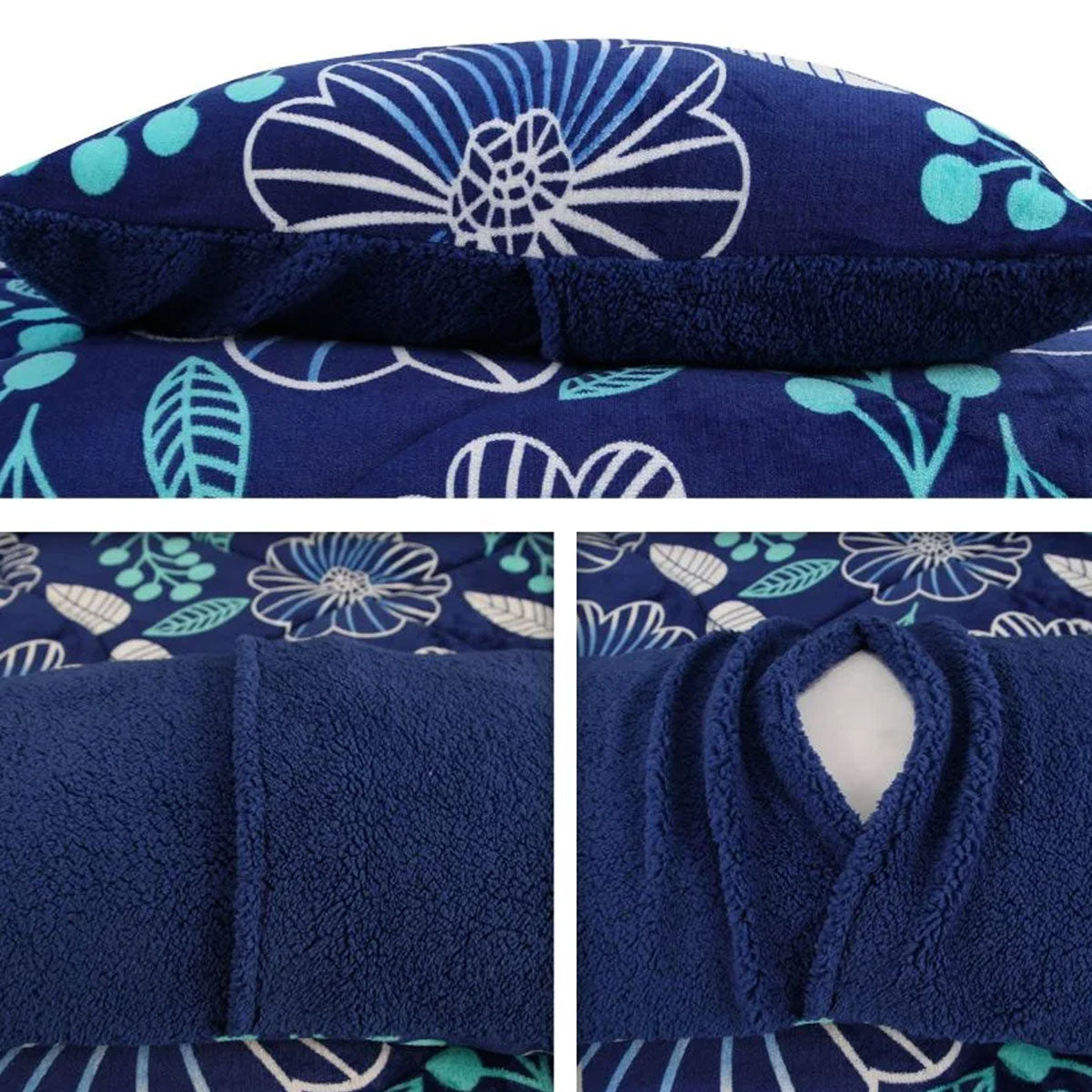 Ramesses Blue Flower Printed Sherpa Flannel Fleece Reversible Blanket Set Queen/King 5