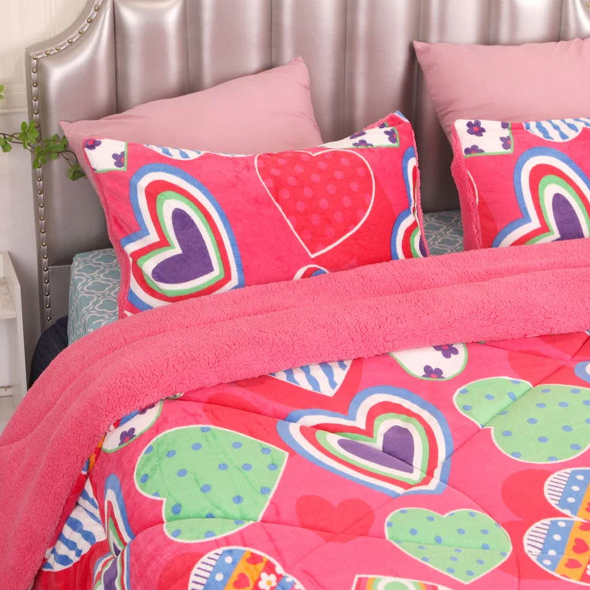 Ramesses Pink Heart Printed Sherpa Flannel Fleece Reversible Blanket Set Single/Double 3