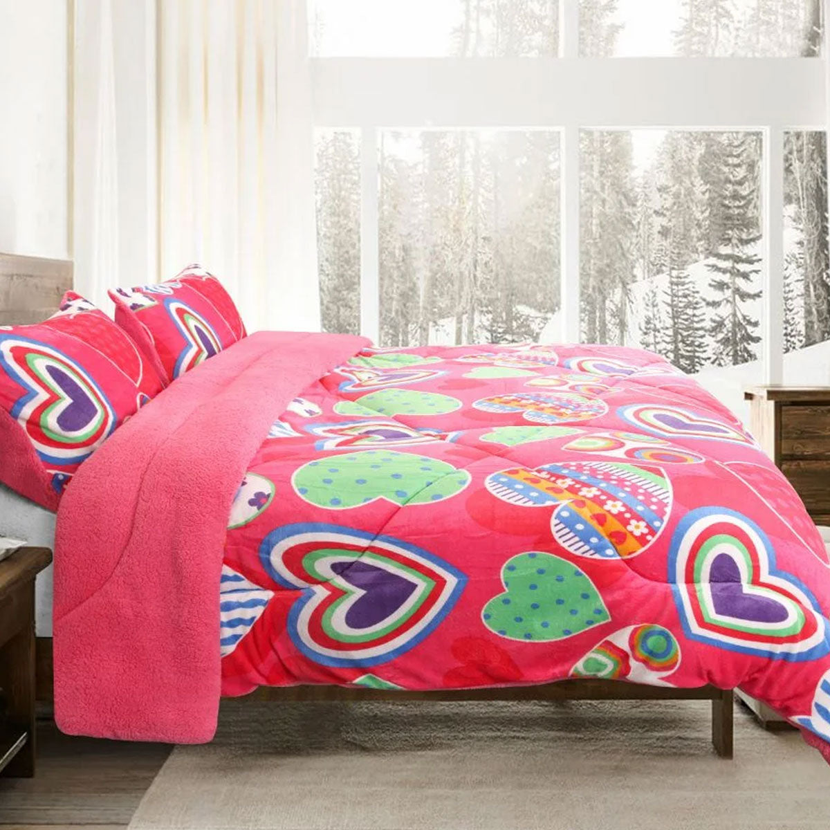Ramesses Pink Heart Printed Sherpa Flannel Fleece Reversible Blanket Set Single/Double 4