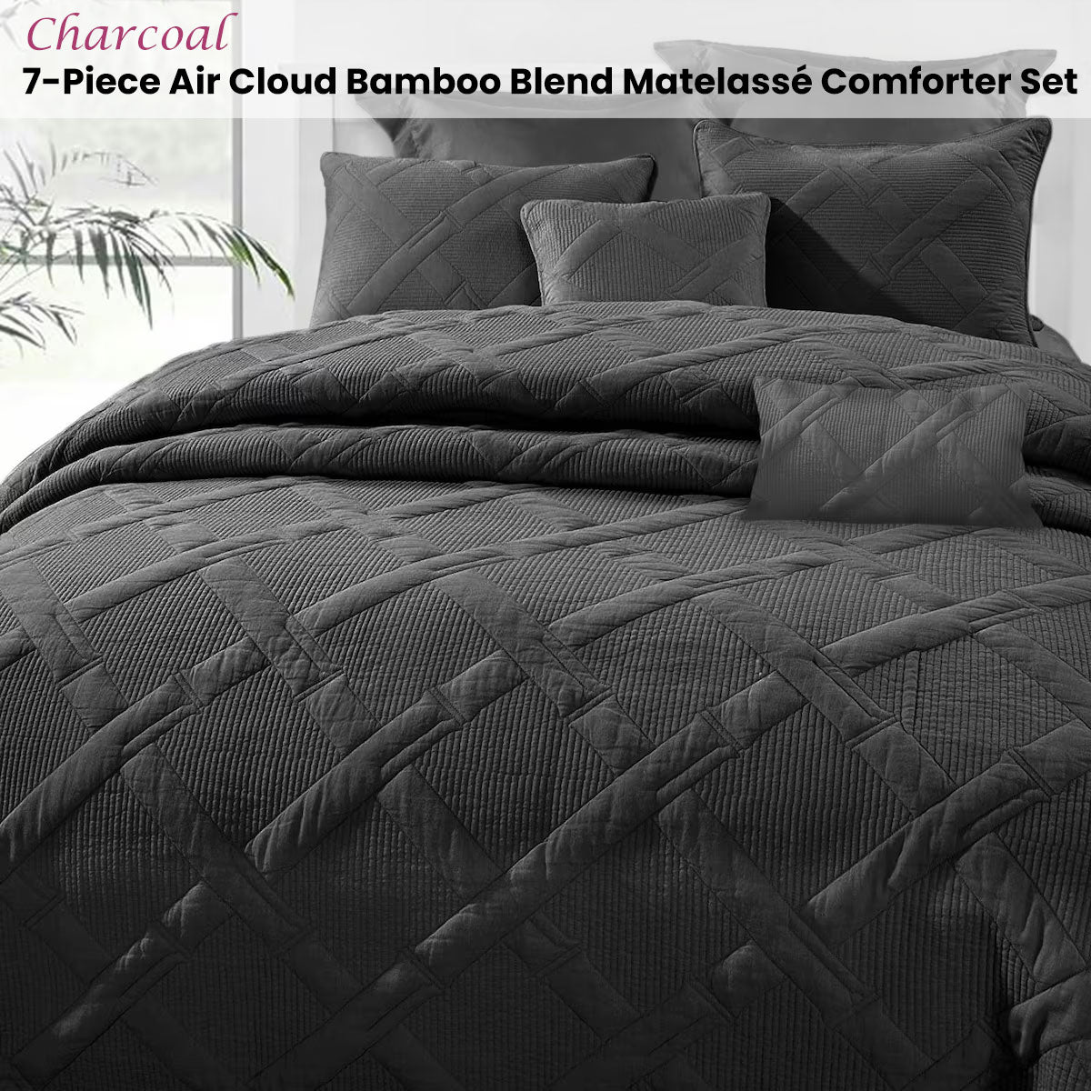 Ramesses Charcoal 7- Piece Air Cloud Bamboo Blend Matelasse Comfort Set Queen