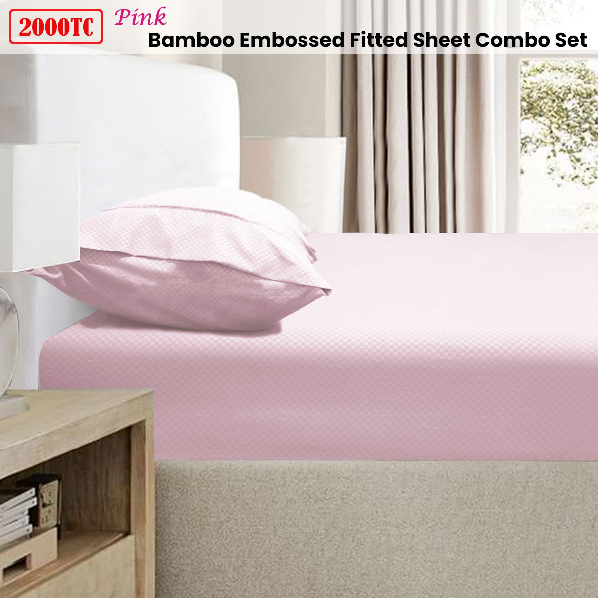 Ramesses 2000TC Bamboo Embossed Fitted Sheet Combo Set Pink King Single