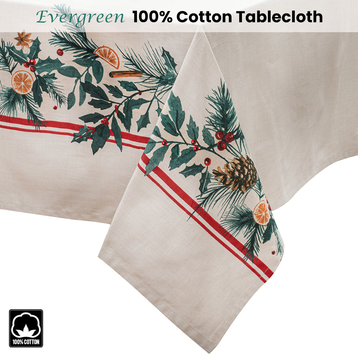 Ladelle 100% Cotton Evergreen Festive Christmas Holiday Tablecloth 150 x 300 cm
