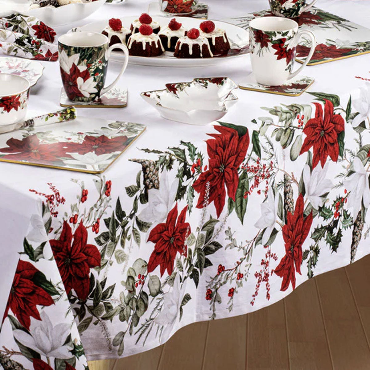 100% Cotton Ashdene Poinsettia Festive Christmas Holiday Tablecloth 150 x 300 cm 3