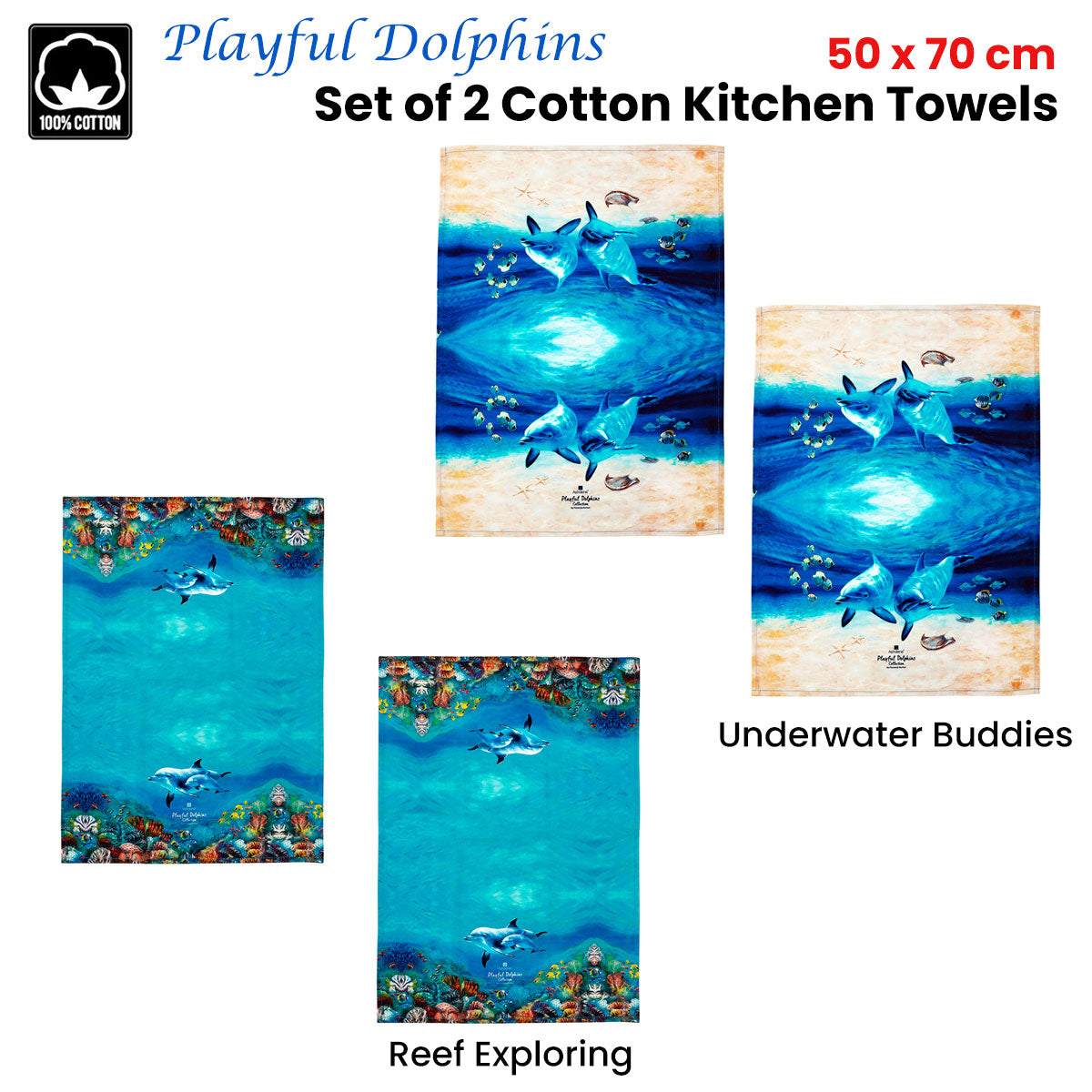Ashdene Set of 2 Playful Dolphins Cotton Kitchen Tea Towels 50 x 70 cm Underwater Buddies 3