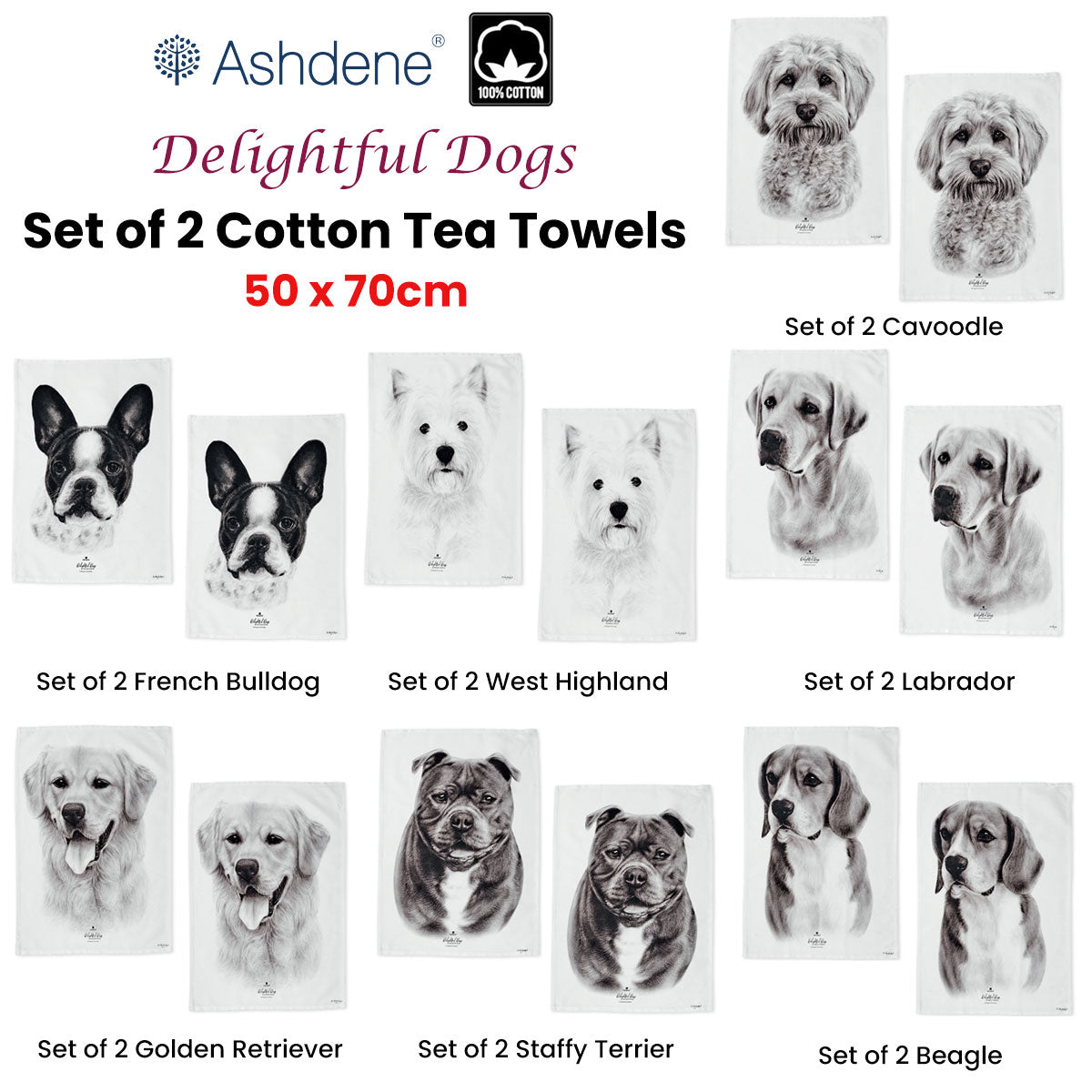 Set of 2 Delightful Dogs Cotton Kitchen Tea Towels 50 x 70 cm Staffy Terrier 3