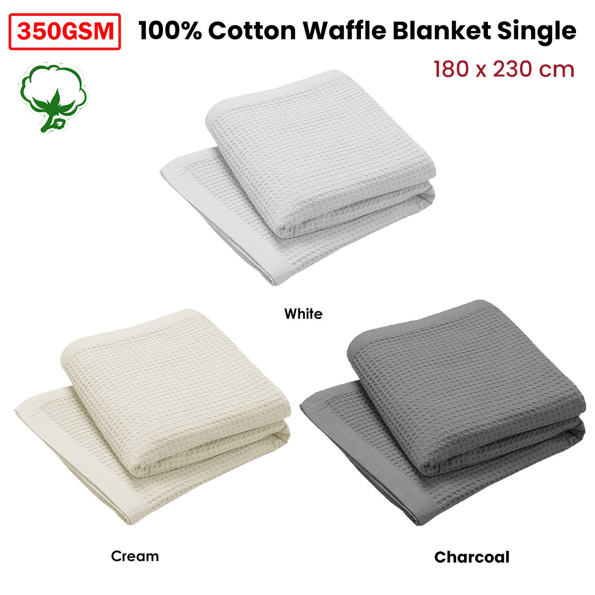 Living @ Home 350gsm 100% Cotton Breathable Waffle Blanket Single 180 x 230 cm Charcoal