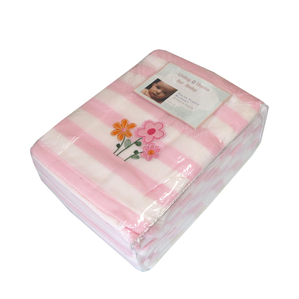 Living Home for Baby Girls Flowers and Bear Pack of 3 Embroidered Polar fleece Stripe Cot Blankets 100 x 140cm 3