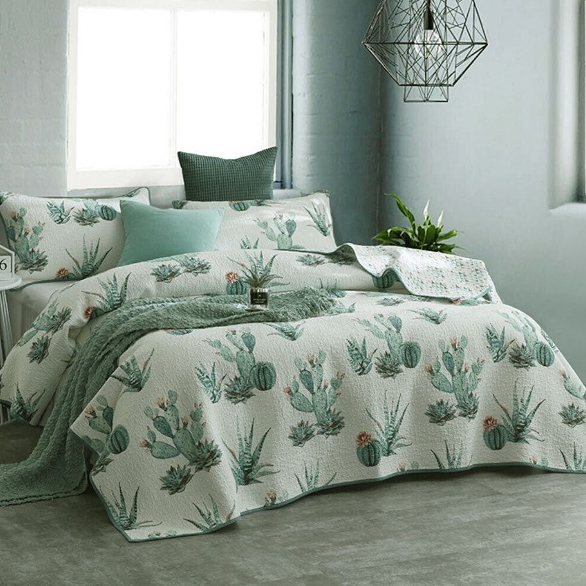 100% Cotton Lightly Quilted Coverlet Set Blooming Cactuses Cream Queen 3