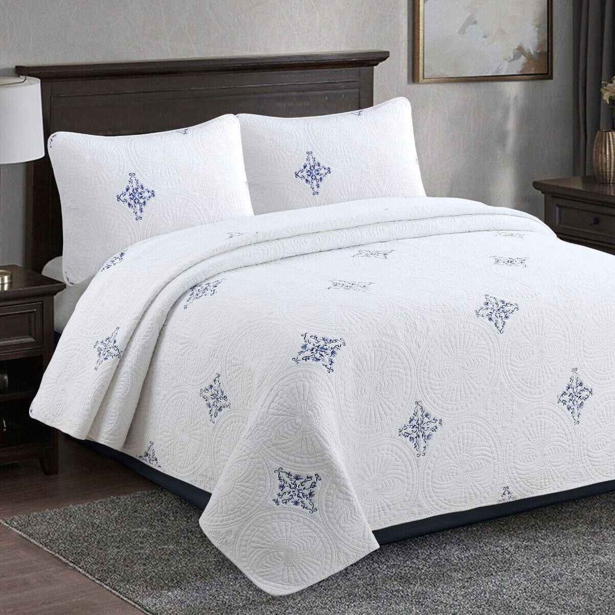 100% Cotton Lightly Quilted Coverlet Set Colorado Blue King 3