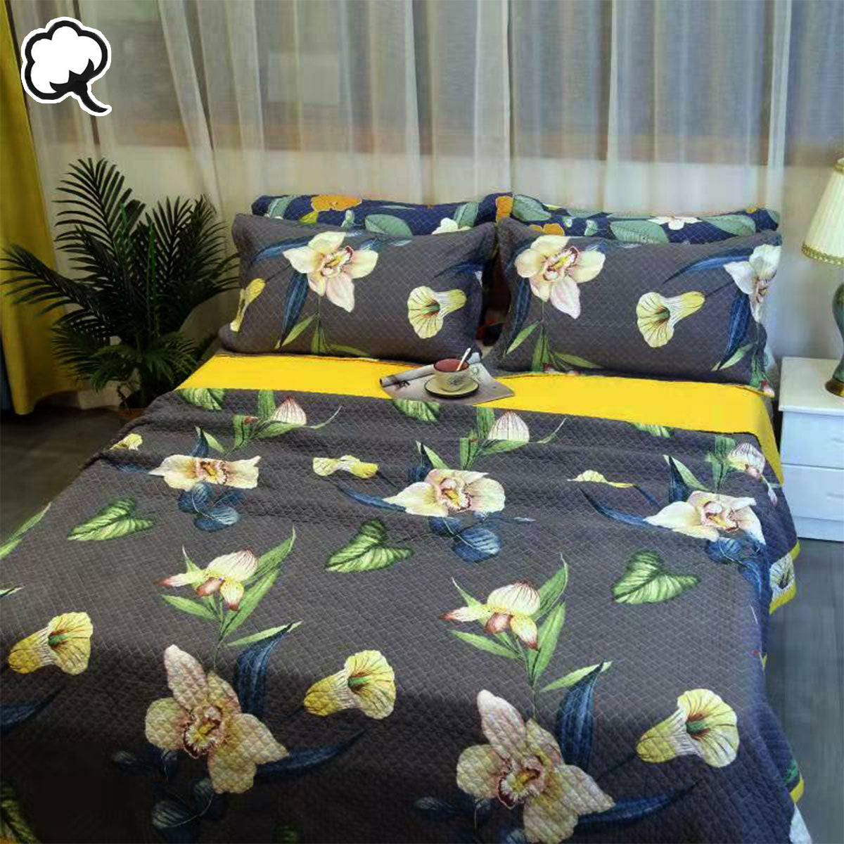 100% Cotton Coverlet Set Embroidered Orchid Queen 3