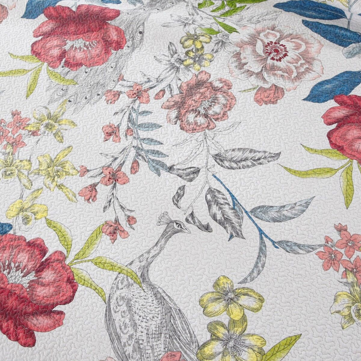 100% Cotton Lightly Quilted Coverlet Set Peacock Garden Pink Queen 4