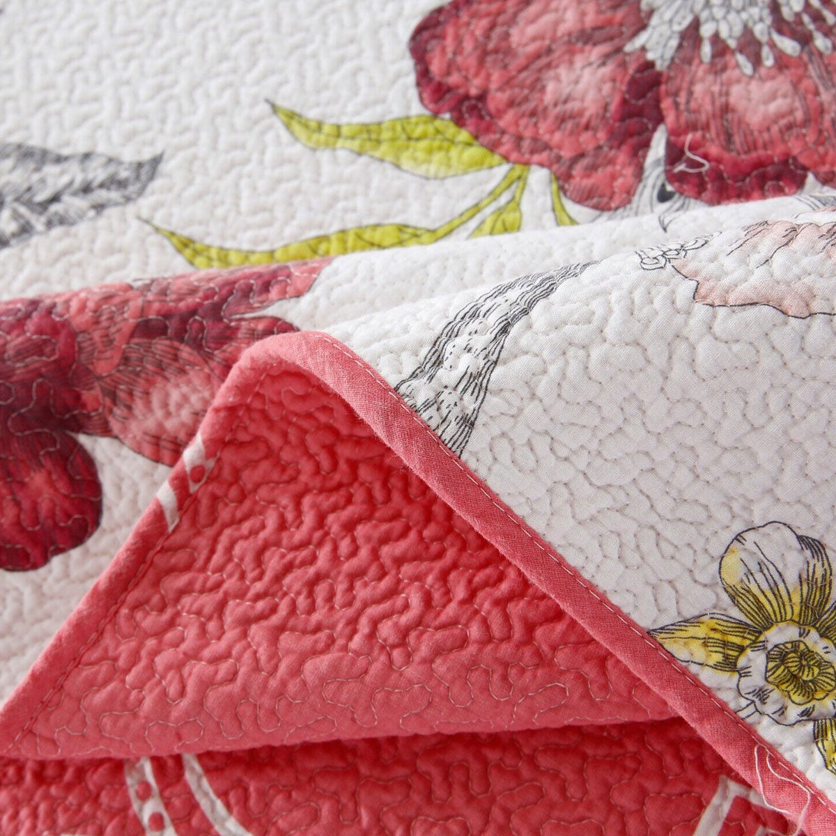 100% Cotton Lightly Quilted Coverlet Set Peacock Garden Pink Queen 5