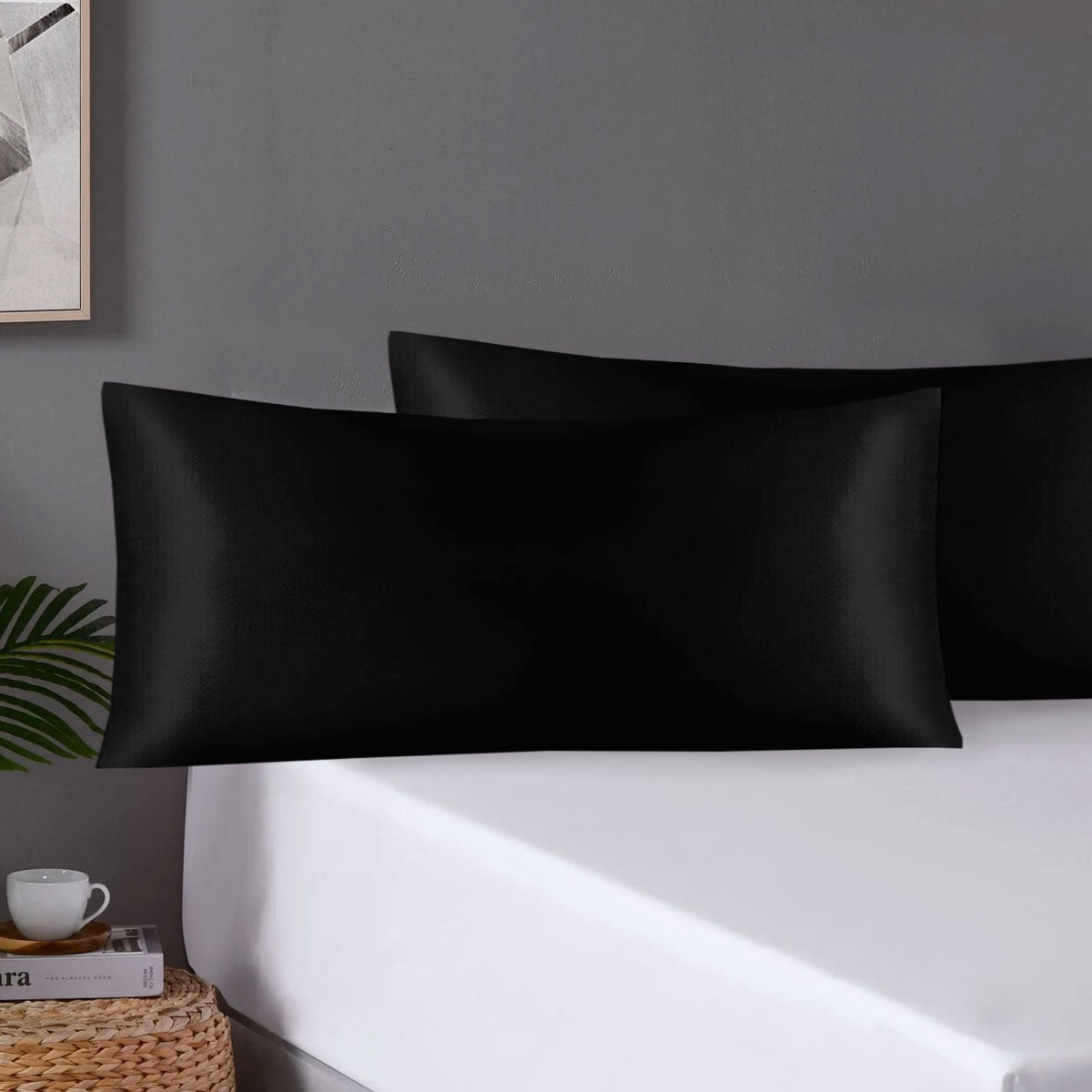 Pair of King Satin Silk Pillowcases with Envelope Closure 51 x 102 cm Black