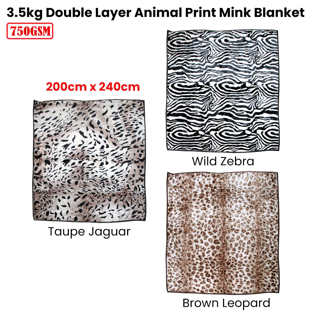 750gsm 3.5kg Double Layer Animal Print Faux Mink Blanket Queen 200x240 cm Brown Leopard 3