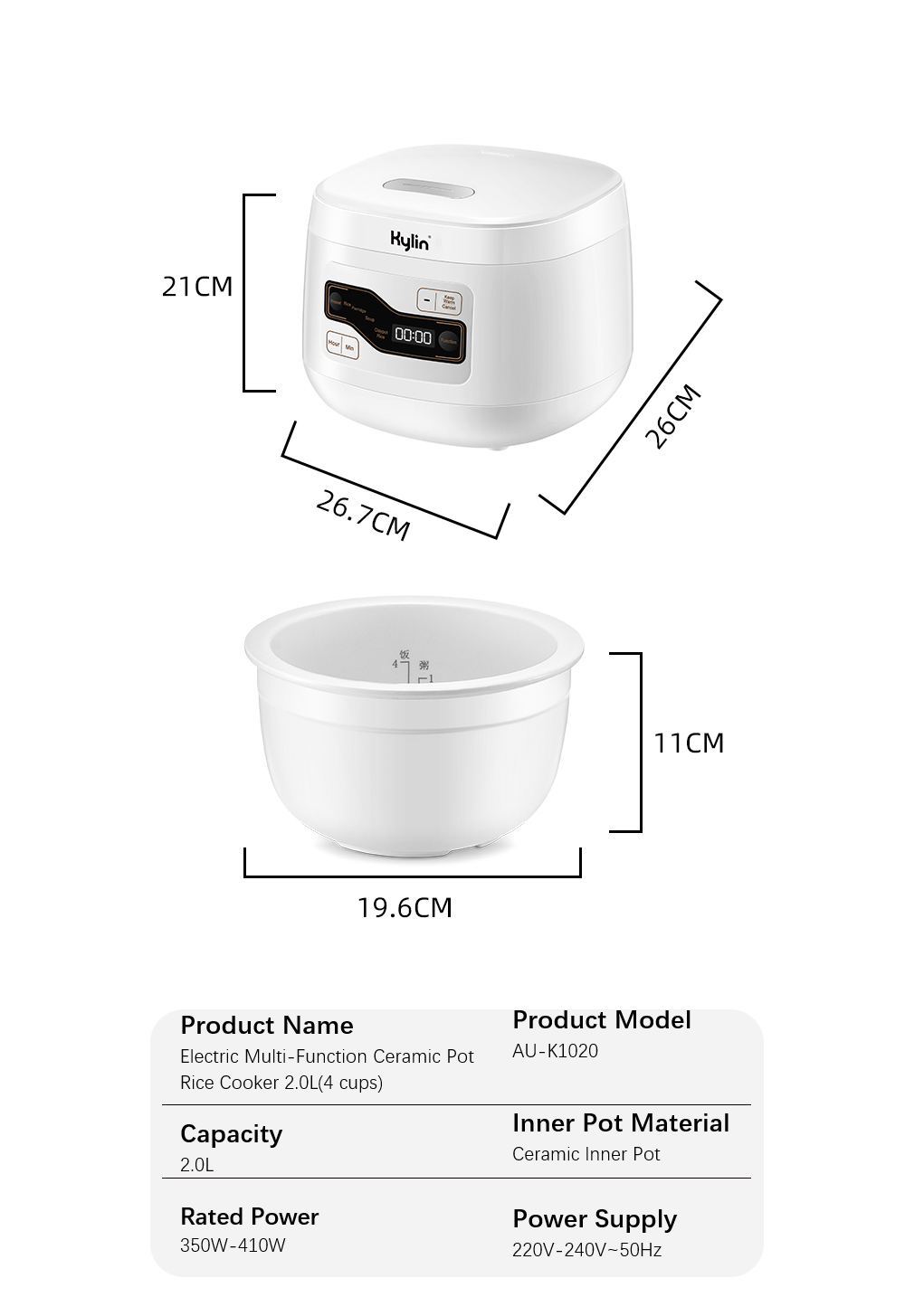 Kylin Electric Multi-Function 4 Cups Ceramic Pot Rice Cooker 2L White AU-K1020 10