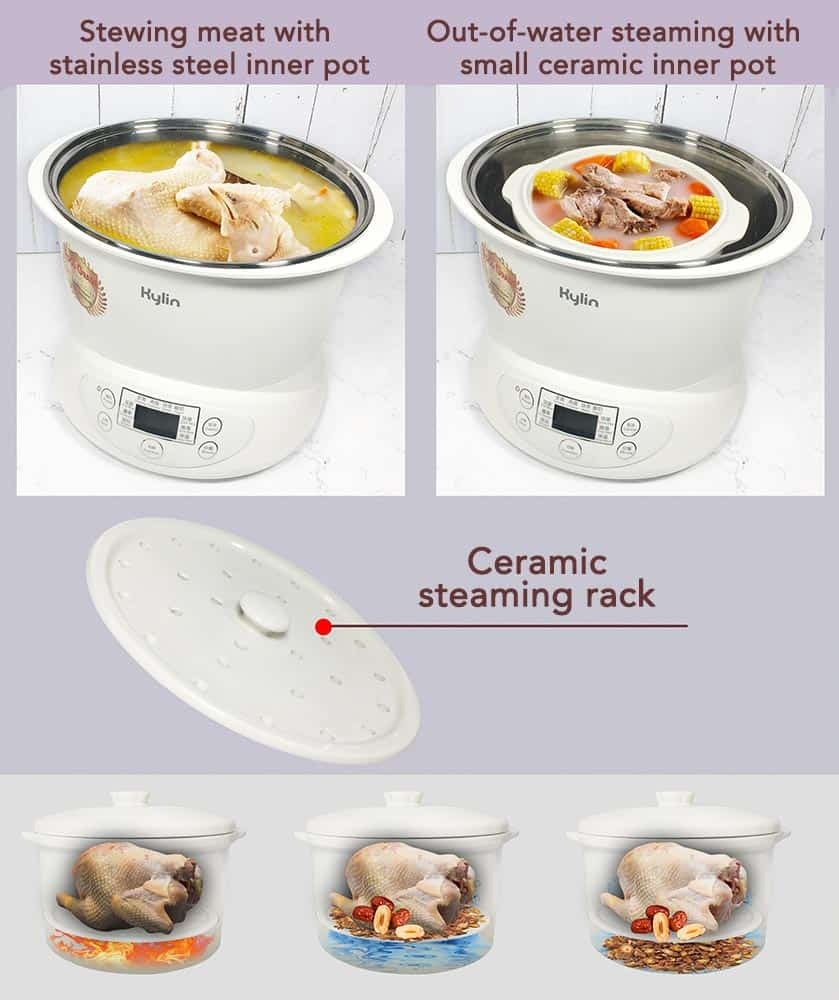 Kylin Electric Slow Cooker Stainless Steel Ceramic Pot Steamer 2.2L With 3 Containers 7