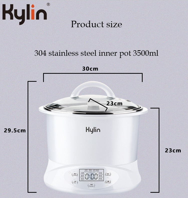 Kylin Electric Slow Cooker Stainless Steel Ceramic Pot Steamer 2.2L With 3 Containers 11