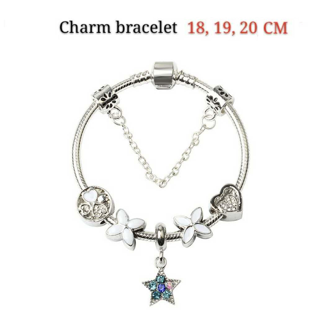 Women Silver Plated Bracelet Snake Chain with Classic Bead Barrel Clasp and Blue Star Pendant(19cm) 4