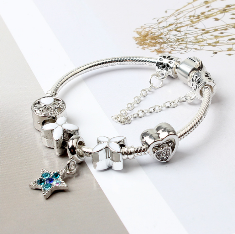 Women Silver Plated Bracelet Snake Chain with Classic Bead Barrel Clasp and Blue Star Pendant(20cm) 3