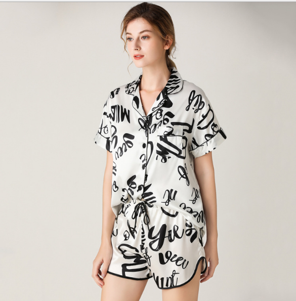 Woman Sleepwear Home Wear Short Sleeve Sweet Girl White Text Casual Pajamas (L Size) 4
