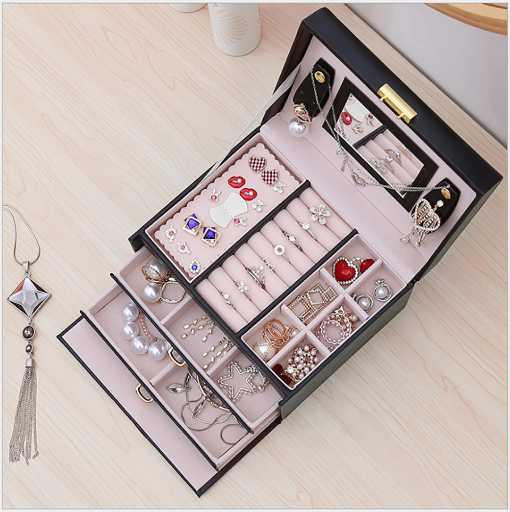 Jewellery Box With Mirror Double Drawers Organizer Storage Lock Case(Black) 3