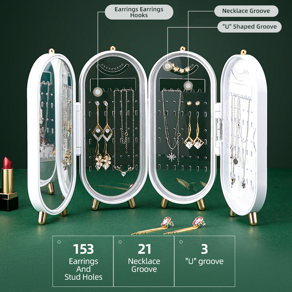 Jewellery Storage Box Earrings Display Necklace Organizer 4 Doors Foldable Screen (White) 4