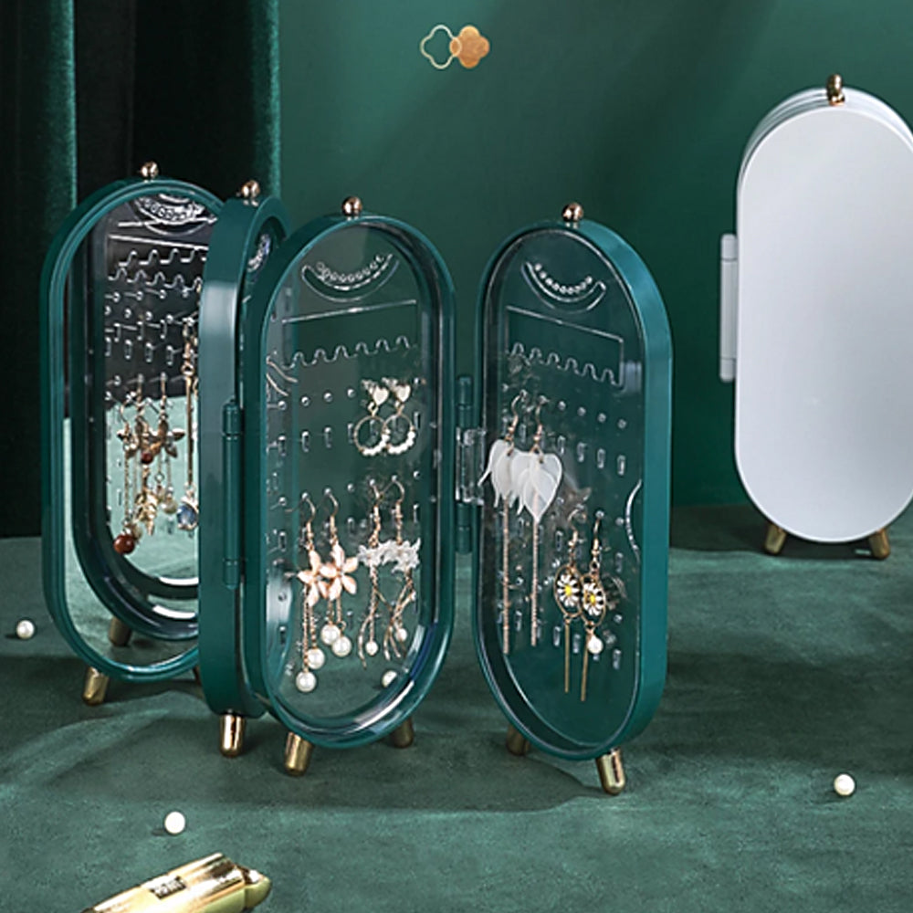 Jewellery Storage Box Earrings Display Necklace Organizer 4 Doors Foldable Screen (Green) 7