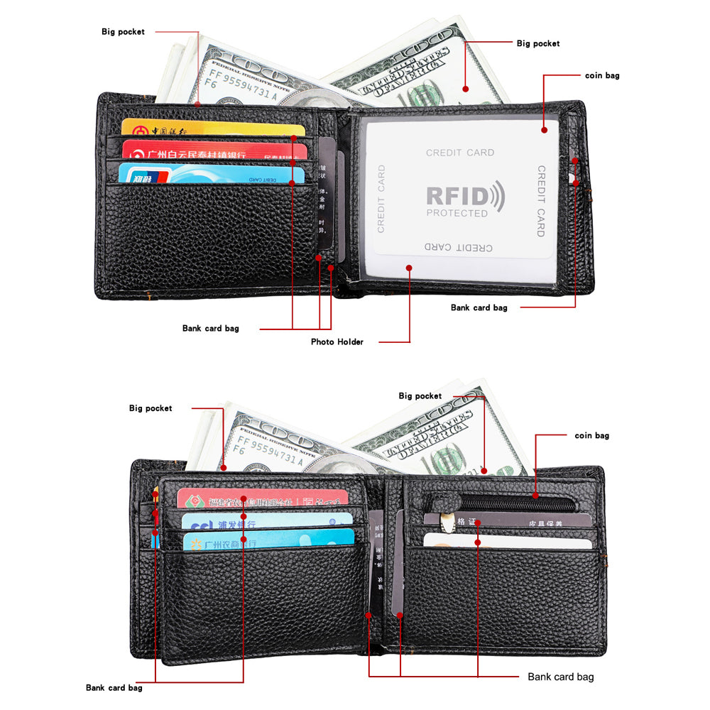 Men's Genuine Leather Bilfold Wallet RFID Blocking Card Holder Zipper Coin Purse 3
